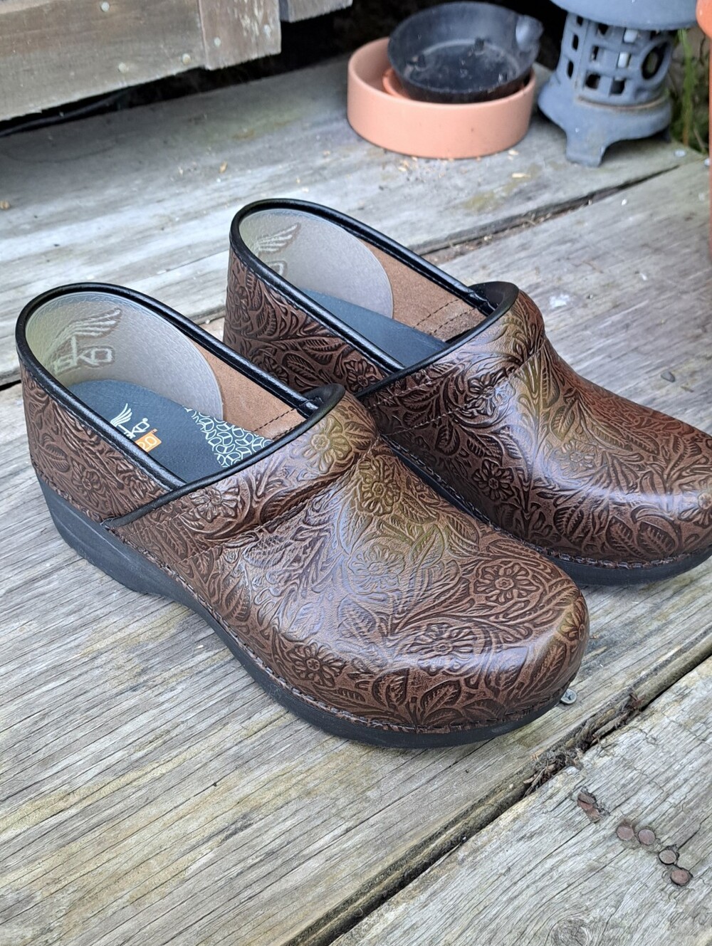 Brown Floral Tooled Leather Dansko Clogs